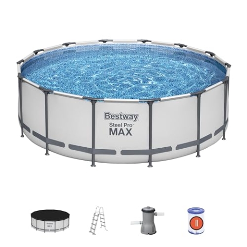 BESTWAY 5612X Abnehmbarer Pool Steel Pro Max 427 x 122 cm, mit Kartusche 3.028 L/H Abdeckung und Leiter, 56088, Blau
