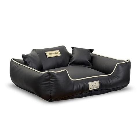 KingDog Hundebett ECOSHINE Laufstall Antislip Schwarz mit weißem Rand Zwei kleine Kissen gratis dazu (75x65 cm)