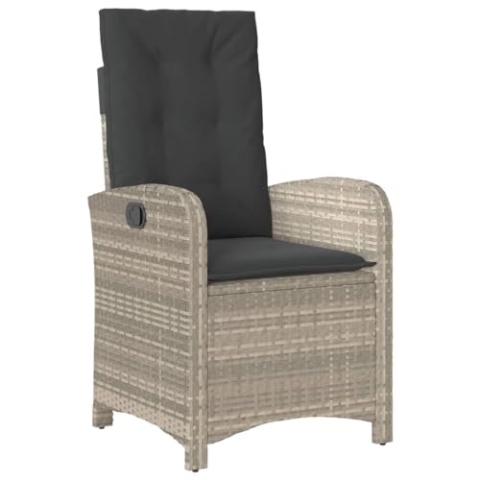 vidaXL Gartensessel mit Kissen, Gartenstuhl mit Verstellbarer Rückenlehne, Liegestuhl mit Stahlrahmen, Sessel Stuhl Relaxsessel, Hellgrau Poly Rattan