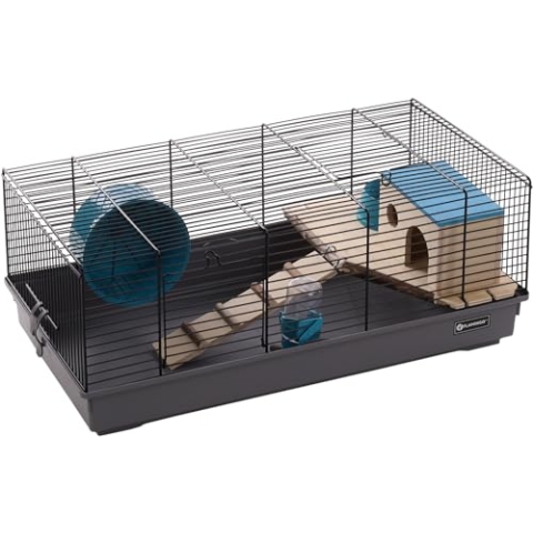 Hamsterkäfig Flamingo Jang - Schwarz/Grau, Komplett ausgestattet, 58 x 31,5 x 22,5 cm, Ideal für Hamster und Mäuse