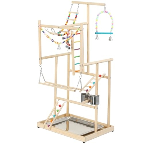 Navaris Vogelspielplatz aus Holz - Spielplatz für Papageien - Vogel Spielplatz Holz - Vogelspielzeug - Für Papageien und andere Vögel - Papagei Spielplatz - 4 Ebenen
