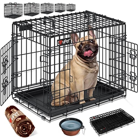 LOVPET® Hundekäfig klappbar Hundetransportkäfig Inkl. Fleecedecke + Napf Hundebox mit 2 Türen Transportkäfig Auto, Tiertransportbox Hundetransportbox mit Bodenschale 107 x 70 x 77,5 cm XL Schwarz