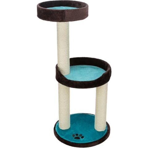 TRIXIE Kratzbaum Lugo 103 cm in braun/türkis – mehrstöckiger Katzenbaum mit gemütlichen Liegeflächen und robusten Kratzflächen, komfortabel & stabil –43870