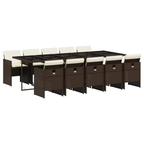 vidaXL Garten Essgruppe 11-TLG., Gartenmöbel Set Tisch mit 10 Stühle, Gartengarnitur mit Kissen, Sitzgruppe Essgarnitur Terrasse, Braun Poly Rattan