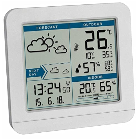 TFA Dostmann SKY Funk-Wetterstation, 35.1152.02,Wetterstation Funk mit Außensensor, Wettervorhersage, Funkuhr, innen und Außen, L 123 x B 52 x H 117 mm