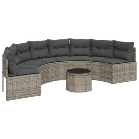 vidaXL Gartensofa mit Tisch und Kissen Halbrund Grau Poly Rattan, Terrassensofa, Loungesofa, Loungemöbel, Outdoor Sofa, Lounge Set, halbrundes Sofa