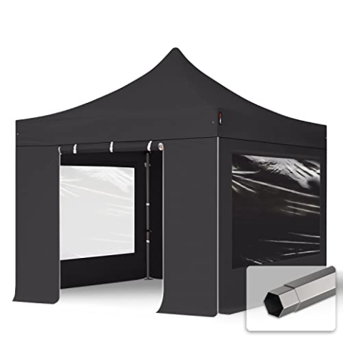 TOOLPORT Faltzelt Faltpavillon Pavillon 3x3m - mit 4 Seitenteilen (Panoramafenster) Premium Dach Partyzelt schwer entflammbar schwarz