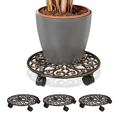 4 x Pflanzenroller Gusseisen, rund, Ø 33,5 cm, Blumentopfuntersetzer, 4 Rollen, stabil, wetterfest, Blumenroller, Bronze