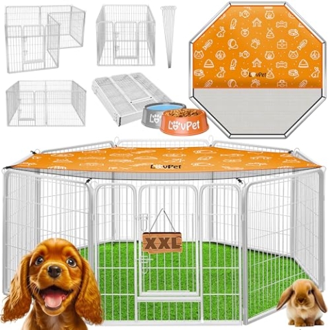 LovPet Welpenlaufstall Freilaufgehege Welpenauslauf I Hundelaufstall XXL 8 Gitter je 80x80 cm I Wetterfester Tierlaufstall mit Tür für Hund Katze Welpe Kaninchen Meerschweinchen I mit Dach & Erdankern