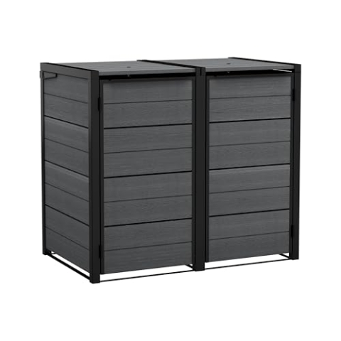 Keter Mülltonnenbox Hide Away | 480 Liter, flexibel erweiterbar | Stahlrahmen | mit Gasdruckfedern | Anthrazit | naturgetreue Holzoptik | wetterfest & wartungsfrei | belüftet