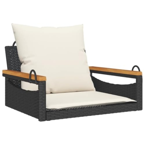 vidaXL Hängesessel mit Kissen, Hängebank mit Befestigungsringen, Hängeschaukel für Außenbereich, Schaukelbank Gartenschaukel, Modern, Schwarz Poly Rattan