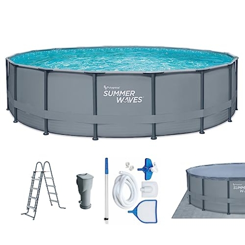 Summer Waves Frame Pool Komplettset | Rund 549x132 cm Grau | Aufstellpool Set | Gartenpool & Schwimmbecken inkl. Filterpumpe, Einstiegsleiter, Bodenvlies, Abdeckplane & Reinigungsset