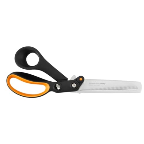 Fiskars Gezahnte Hardware-Schere, Für Rechtshänder, Mit kraftverstärkender Technologie, Länge: 24 cm, Rostfreie Stahl-Klinge/Kunststoff-Griffe, Schwarz/Orange, Amplify, 1020223