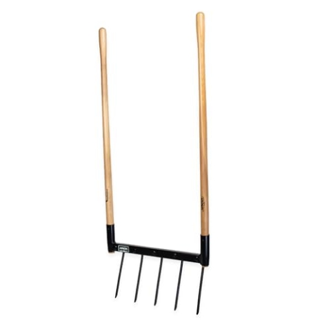 De Woeler DW5 Broadfork – Grabegabel mit 5 Edelstahlzinken (45 cm), ergonomischer FSC-Holzgriff, zur Bodenbelüftung & Beetpflege, Robustes Gartengerät für lockeren Boden