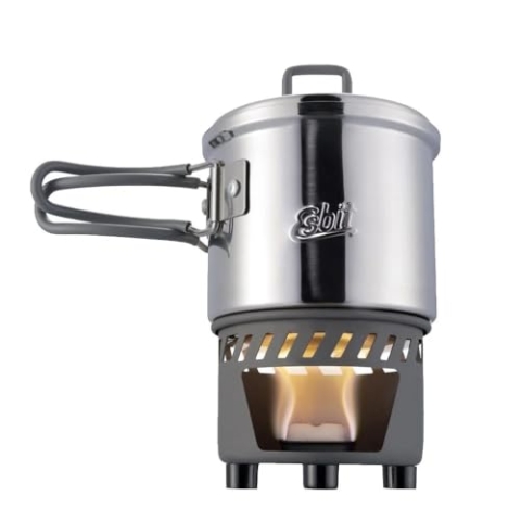 Esbit Trockenbrennstoffkochset - Outdoor Camping Kocher 585 ml mit Edelstahl Topf - klappbare Griffe - Campingkocher Set