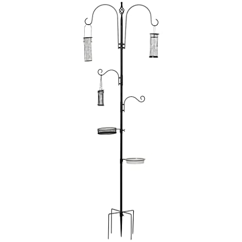 PawHut Vogel Futterstation Set aus Stahl Höhe 208 cm inkl. 4 Haken Vogeltränke Futterteller Vollständiges Futtersäulen Vogelfutterspender Station Schwarz