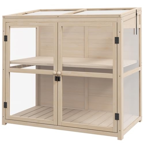 Outsunny Frühbeet aus Holz Gewächshaus 2-Stufiges Hochbeet mit Dachfenster, Doppeltür, Winddichtes Treibhaus, für Balkon, Garten, Natur, 103 x 61 x 103 cm