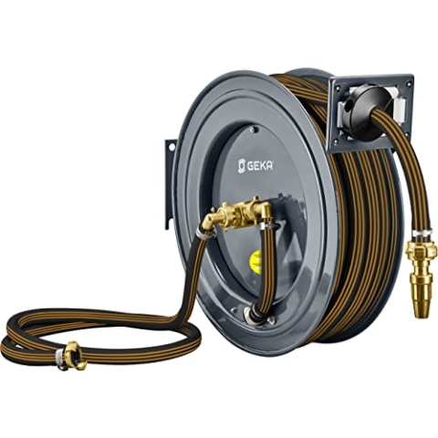 GEKA plus Automatischer Schlauchaufroller PA20GSK (robuster Schlauchaufroller, Stahlkonstruktion, autom. Rückzug, schrittweise Arretierung, mit 15 m Gummi Wasserschlauch)