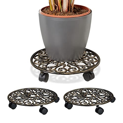 3 x Pflanzenroller Gusseisen, rund, Ø 33,5 cm, Blumentopfuntersetzer, 4 Rollen, stabil, wetterfest, Blumenroller, Bronze