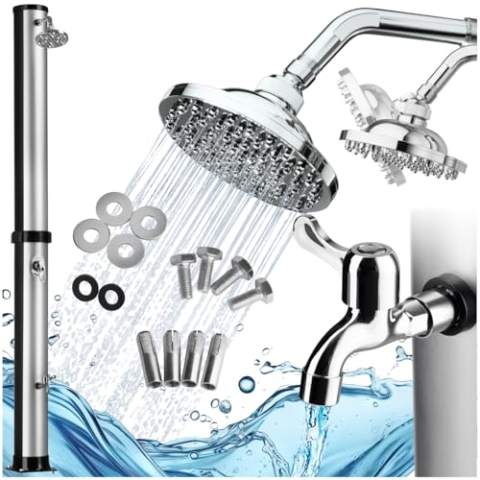 tectake® Solardusche 38 Liter, Gartendusche, solar Shower Aussendusche, Gartenbrause, Outdoor Dusche, warmes Wasser, für Garten, Camping oder Pool mit Duschkopf groß und Wasserhahn - schwarz/Silber