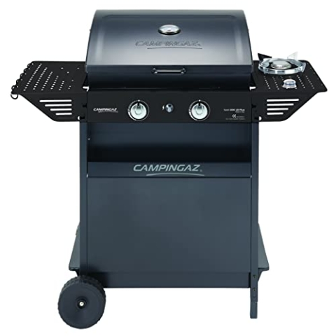 Campingaz Xpert 200 LS Plus Rocky Gasgrill aus Lavastein, BBQ Wagen mit 2 Brennern und 1 Lat-Brenner, Abdeckung + Thermometer, Lat. Kippbare Ablage, Pot 8,200 kW + 2,1 kW Brenner lat.