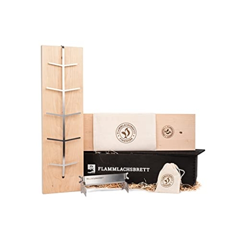 FINNWERK Flammlachsbrett Geschenkset - Lachsbretter mit Halterung aus Edelstahl und patentiertem Winkelsystem - Räucherbrett aus massiver Birke - Perfektes Outdoor Geschenk mit Echtholz-Geschenkbox