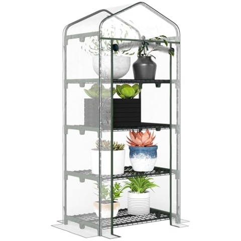 Outsunny Gewächshaus mit Regale, winterfestes Foliengewächshaus aus Stahl, Treibhaus für Balkon, Garten, Tomatenhaus 70x50x160cm, Tomatengewächshaus für Gemüse, Blumen, Pflanzen, Transparent