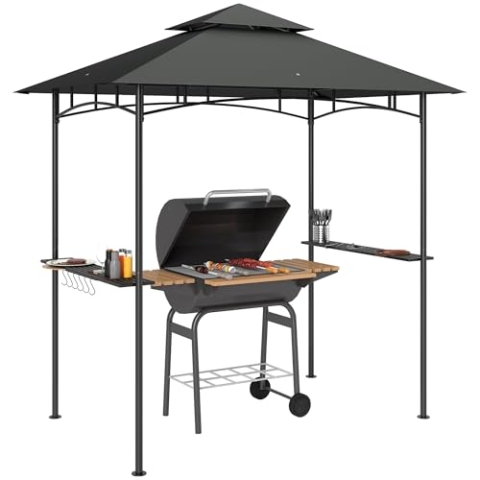 Outsunny Grillpavillon mit LED 240 x 150 x 258 cm wasserabweisend flammhemmend Gartenpavillon mit Doppelschichtdach, Seitenregalen, Gartenlauben mit UV-Schutz, BBQ Pavillon für Party BBQ Dunkelgrau