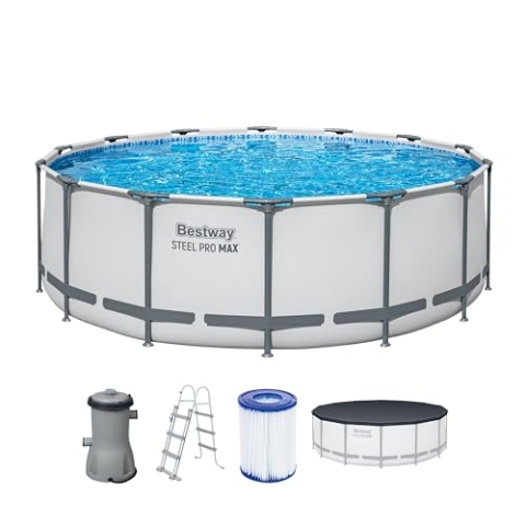 Bestway Steel Pro MAX Frame Pool Komplett-Set mit Filterpumpe Ø 457 x 107 cm, lichtgrau, rund