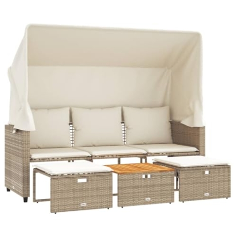 vidaXL Outdoor Sofa 3-Sitzer, Gartensofa mit Dach Hockern, Sonnenliege für Garten Terrasse, Gartenbank Gartenliege, Beige Poly Rattan