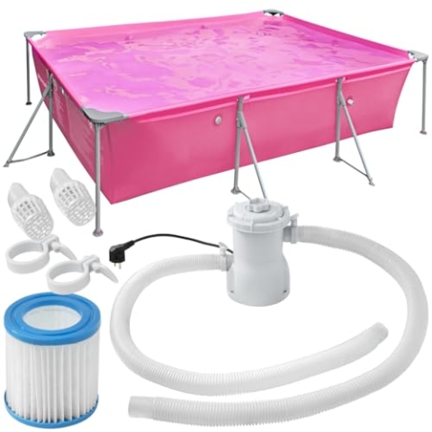 tectake® Swimming Pool, Schwimmbecken groß, Swimmingpool rechteckig, Framepool, Pool für Garten, Stahlrahmenbecken Komplettset, Outdoor Gartenpool, Aufstellpool 300 x 207 x 70 cm - pink