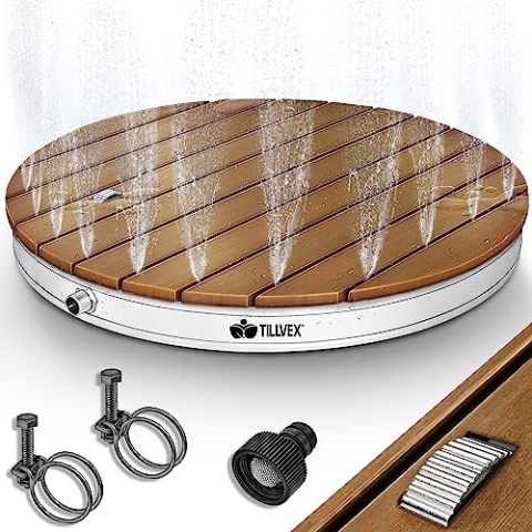 tillvex® Gartendusche Outdoor bis 4 m Fontänenhöhe | Bodendusche rund mit Fußrad | Außendusche rutschfest | Saunadusche wetterfest | Campingdusche aus Aluminium/WPC/Holzoptik