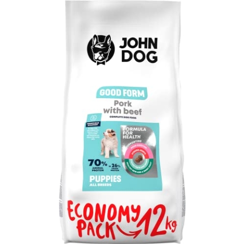 JOHN DOG Hundefutter für Welpen, Trockenfutter für Hunde, Hundetrockenfutter, Welpenfutter, Tierfutter, Haustierfutter, Gultenfrei - Schweinefleisch mit Rindfleisch - 12kg