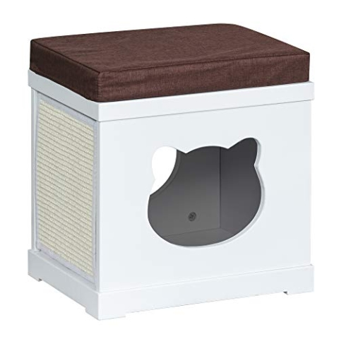 PawHut Katzenhaus Sitzhocker Hocker 2 In 1 Katzenhöhle Katzenwohnung MDF Weiß 41 x 30 x 36 cm