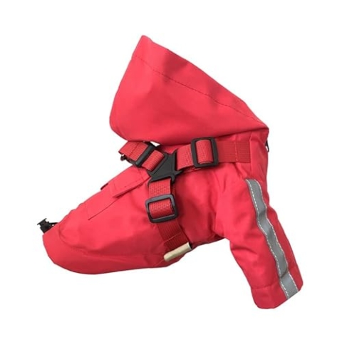 Hunderegenmantel mit Geschirr, wasserdichte Hundemanteljacke mit Kapuze und verstellbarem Kordelzug, Haustierponcho mit reflektierenden Streifen for kleine und mittelgroße Hunde_M (rot)(Red,L:Chest Gi