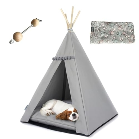 Tipi für Katzen und Hunde mit Bommeln, Wasserdichtes Haustierzelt mit Rutschfester Basis, Hunde- und Katzenhaus (Graues, graues Kissen, 65x65cm)