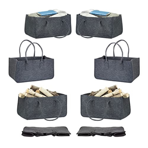Relaxdays 8 x Kaminholztasche aus Filz, tragbarer Kaminholzkorb, Faltbare Filztasche, anthrazit