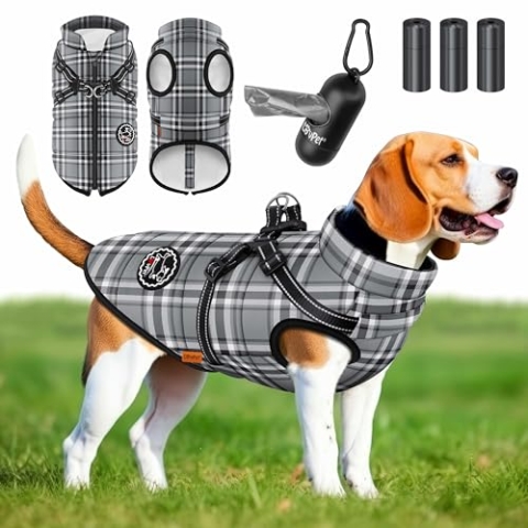 LOVPET® Hundejacke Hundemantel mit Geschirr, inkl. 45 Stück Kotbeutel + Spender, Hunde Winterweste gefüttert wasserdicht, Gepolsterte Weste Mit Brustgurt, Reflektoren, D-Ring 4XL, Grau