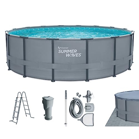 Summer Waves Frame Pool Komplettset | Rund 488x122 cm Grau | Aufstellpool Set | Gartenpool & Schwimmbecken inkl. Filterpumpe, Einstiegsleiter, Abdeckplane, Bodenvlies & Deluxe-Reinigungsset