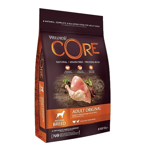 Wellness CORE Original, Hundefutter trocken für ausgewachsene Hunde, Pute & Huhn, 10 kg, ohne Zuckerzusatz, getreidefrei, mit hohem Fleischanteil, fördert optimale Energie