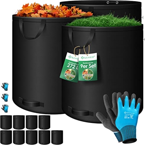KESSER® Gartensack 9x 272L Set Laubsack Gartenabfallsack inkl. Handschuhe - Selbststehend 4 Griffe Stabil Robust & Faltbar - Laubsäcke Rasenschnitt Gartensäcke für Gartenabfälle Grünschnitt Schwarz