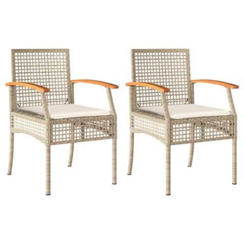vidaXL Gartenstühle 2 STK., Gartenstuhl mit Kissen, Gartensessel Stahlrahmen, Stuhl Sessel Gartenmöbel, Beige Poly Rattan Akazienholz