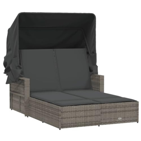 vidaXL Doppel Sonnenliege, Sonnenbett mit ausziehbarem Sonnendach, Doppelliege mit Verstellbarer Rückenlehne, Gartenmöbel Gartenliege, Grau Poly Rattan