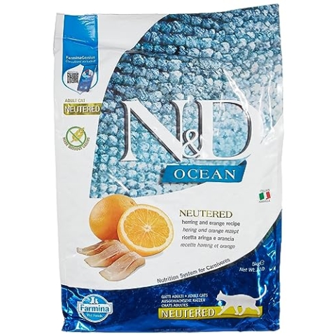 Farmina N&D Ocean Adult Pellets Katzenfutter(Trockenfutter, mit hochwertigen Vitaminen und natürliche Antioxidantien, ohne Mais, Zutaten: Hering und Orange, Portionsgröße: 5 kg)