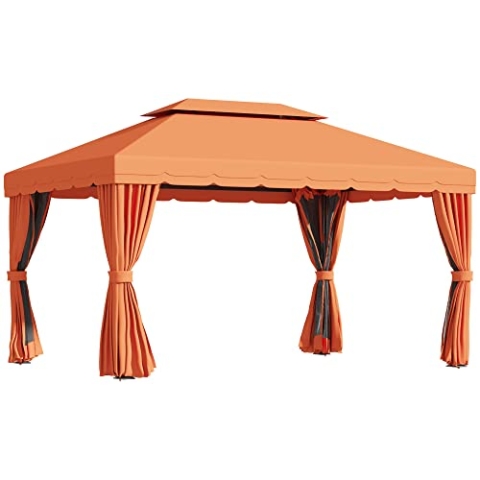Outsunny Gartenpavillon Pavillon Gartenzelt Festzelt Partyzelt mit 4 x Seitenwand wetterfest Aluminium Polyester Orange 3,9 x 2,9 x 2,7 m