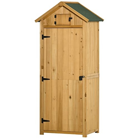 Outsunny Gartenschrank Holz, Geräteschuppen wetterfest 77x54,2x179cm, Gerätehaus mit Tür, Satteldach, Geräteschrank mit Böden, Werkzeugschrank Gartenschuppen für Garten, Terrasse, Gelb+Grün