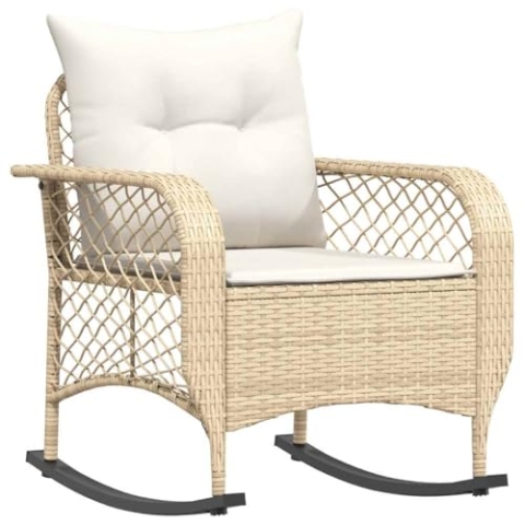 vidaXL Garten-Schaukelstuhl mit Kissen Beige Poly Rattan, Gartenstuhl, Gartensessel, Outdoor-Schaukelstuhl, Schaukelsessel, Schwingsessel