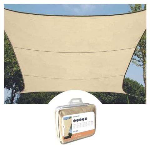 Perel Sonnensegel, Segel Sonnenschutz für Terrasse und Pool, winddurchlässig, wasserdurchlässig, UV-Schutz, 4 Edelstahl-O-Ringe, 5 x 5 m, 180 g/m², HDPE, quadratisch, Champagne