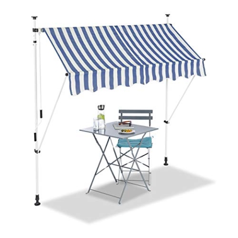 Relaxdays Klemmmarkise, Balkon Sonnenschutz, einziehbar, Fallarm, ohne Bohren, verstellbar, 200 cm breit, blau gestreift
