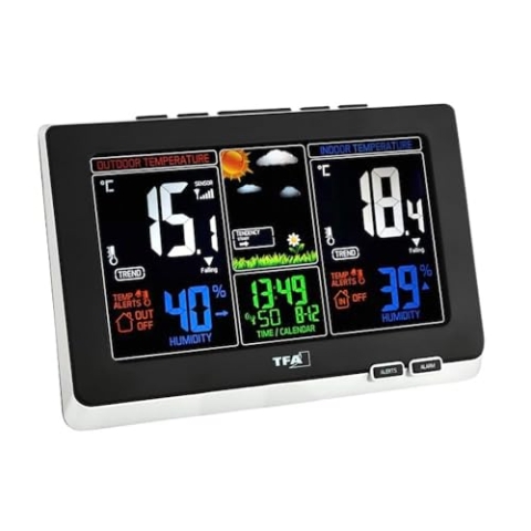 TFA Dostmann Spring Wetterstation, für Innen und Außen, Funk Außensensor misst Luftfeuchtigkeit, Taupunkt, inkl Funkuhr und farbig animiertes Display, L 210 x B 26 (60) x H 140 mm